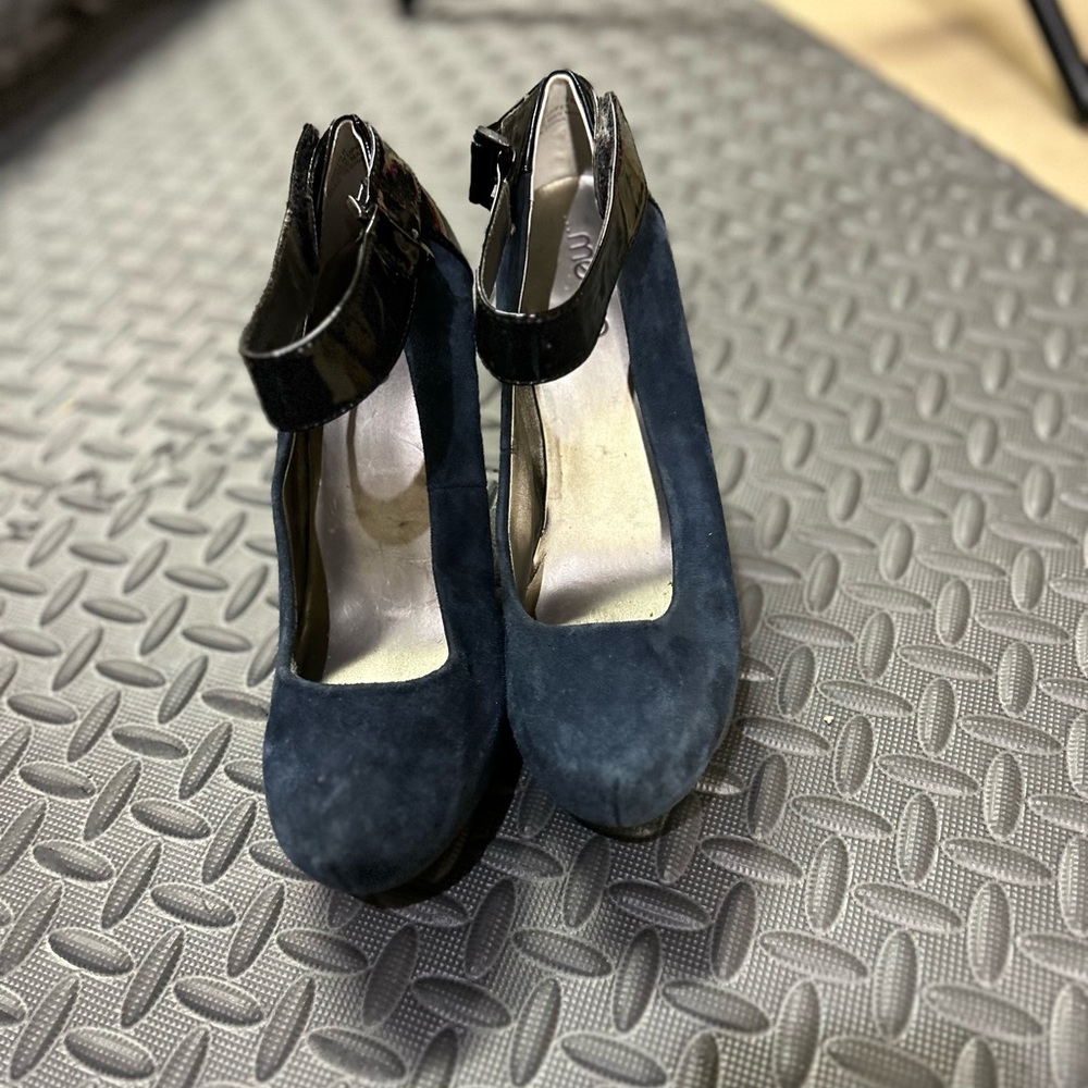 Me too Blue Suede and Black Patent Heels